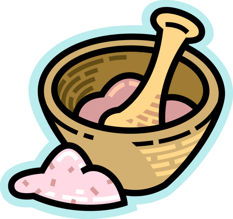 Vector Illustration of Mortar and Pestle Prepare Ingredients by Crushing and Grinding into Powder or Paste