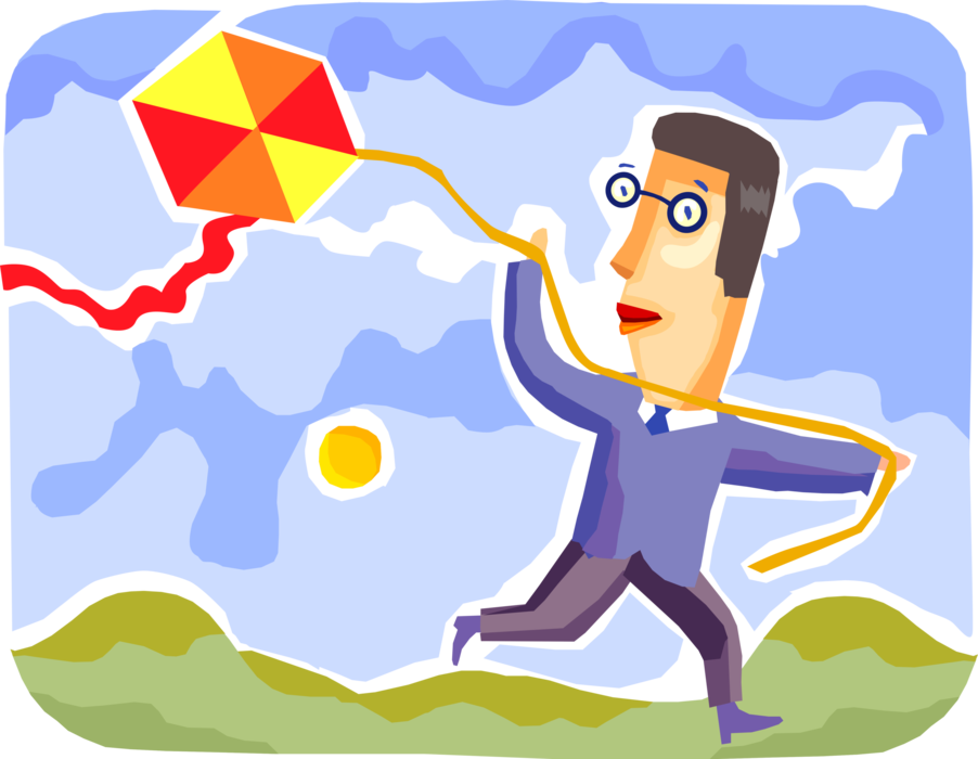 Vector Illustration of Businessman Flies Tethered Heavier-than-Air Flying Craft Kite in Wind Outdoors