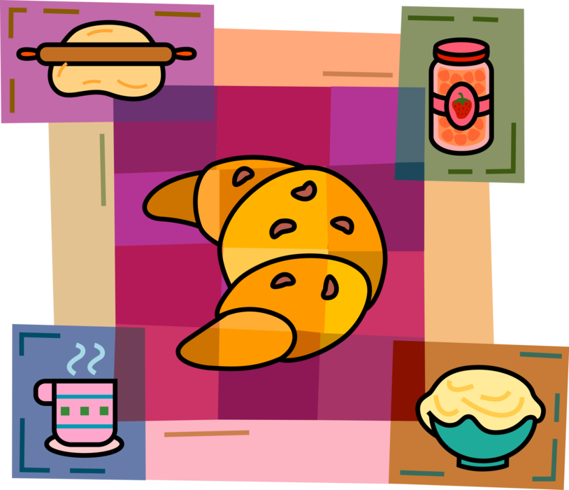 Vector Illustration of Baked Pastry Croissant with Coffee, Homemade Jam Preserves and Rolling Pin with Dough