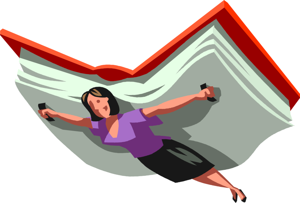 Vector Illustration of Knowledgeable Resourceful Businesswoman Soars Above Competition Using Knowledge and Learning Book