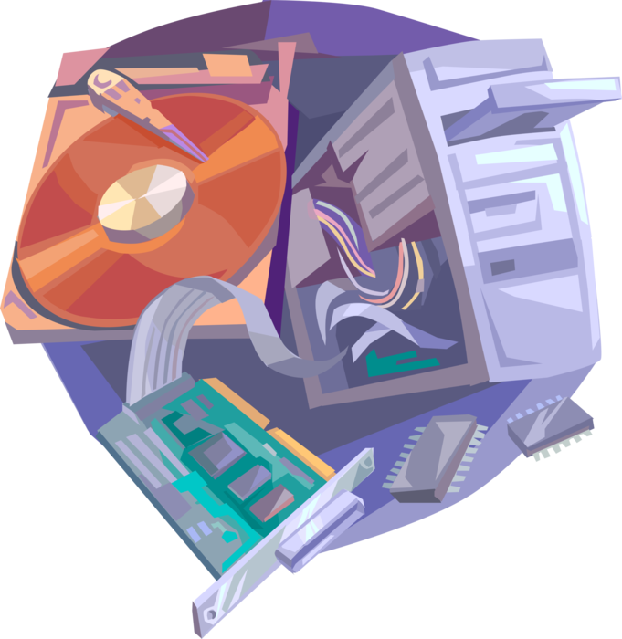 Vector Illustration of Computer Technology Personal Workstation with Communications Card, Digital Data Storage Hard Drive Disk