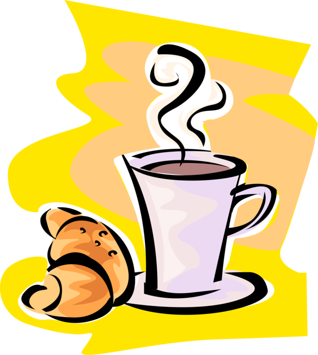 Vector Illustration of Cup of Coffee and Freshly Baked Flaky, Viennoiserie-Pastry Croissant Food Bread