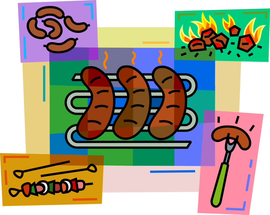Vector Illustration of Hotdogs or Hot Dog Sausage Grilling on Barbecue, Barbeque or BBQ Outdoor Cooking Grill with Shish Kebabs