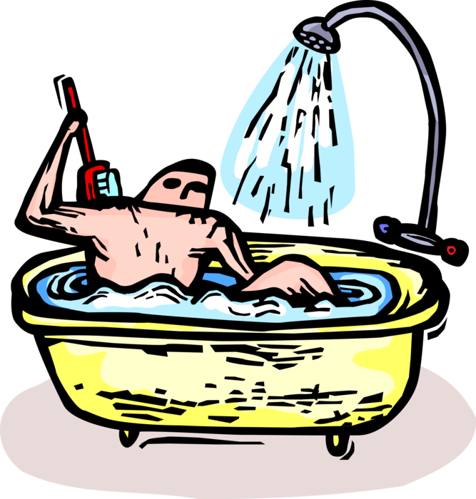 Vector Illustration of Man Washes Back with Scrub Brush in Bathroom Bathtub Tub