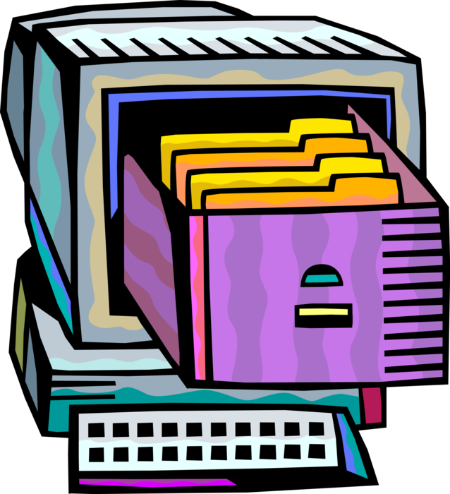 Vector Illustration of Computer Archive Files in Filing Cabinet for Storing Documents in File Folders