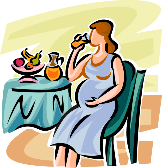 Vector Illustration of Pregnant Expectant Mother Drinks Fruit Juice