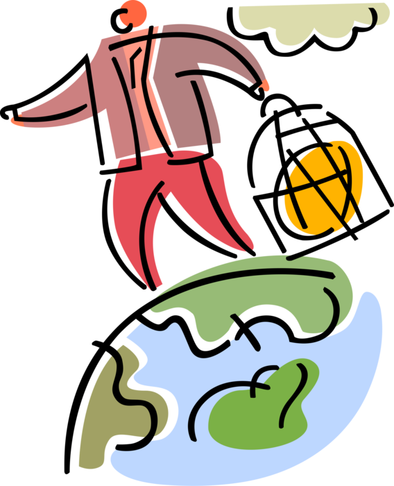 Vector Illustration of Financial Investor with Investment Nest Egg Available to Invest in Global Markets with Planet Earth World