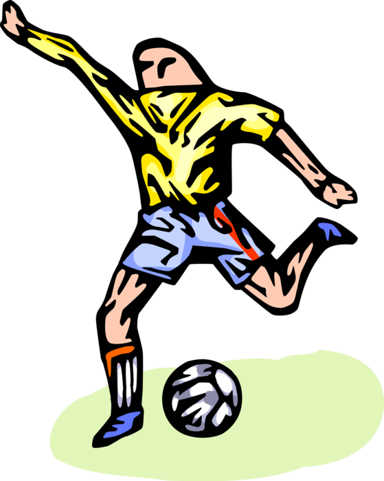 Vector Illustration of Sport of Soccer Football Player Kicks Ball on Soccer Pitch During Game