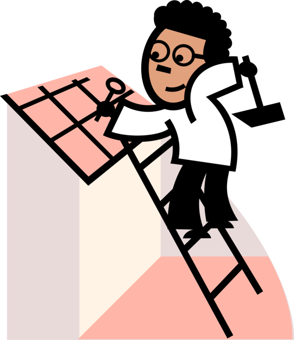 Vector Illustration of Construction Roofer on Ladder Replaces Roof Shingles with Hammer and Roofing Nails