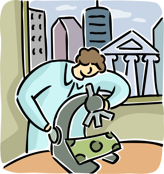 Vector Illustration of Financial Analyst Examines Current Monetary Policy in Banking Industry with Microscope