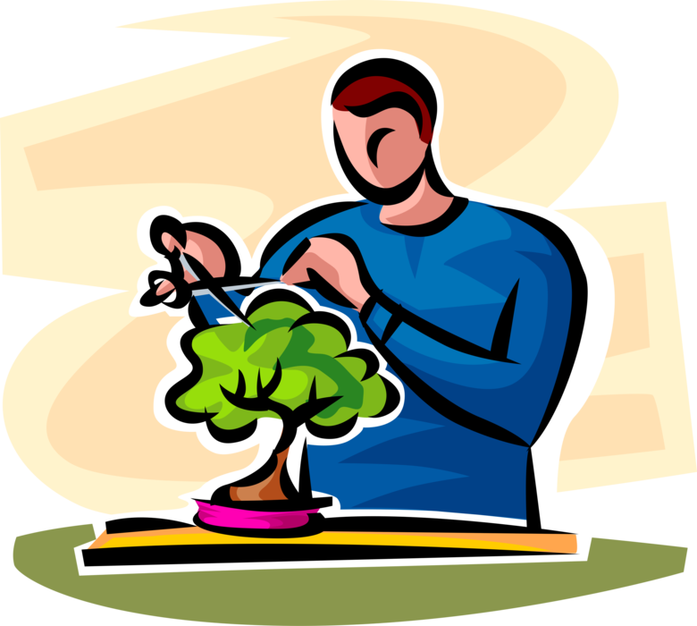 Vector Illustration of Trimming Japanese Bonsai Tree Plant with Scissors