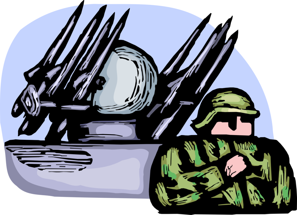 Vector Illustration of Military Soldier Guards Surface-to-Air or Ground-to-Air Missile Defense System Ready to Fire