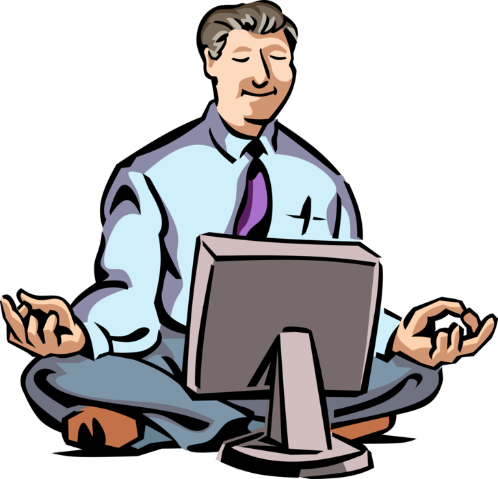 Vector Illustration of Businessman Seeks Spiritual Enlightenment While Meditating at Work Computer