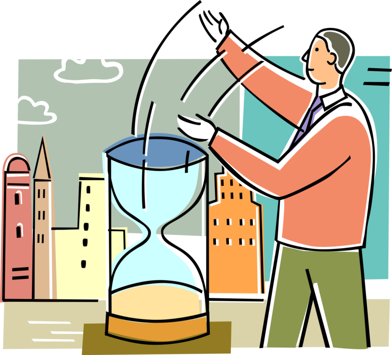 Vector Illustration of Businessman Runs Out of Time with Hourglass Sands of Time