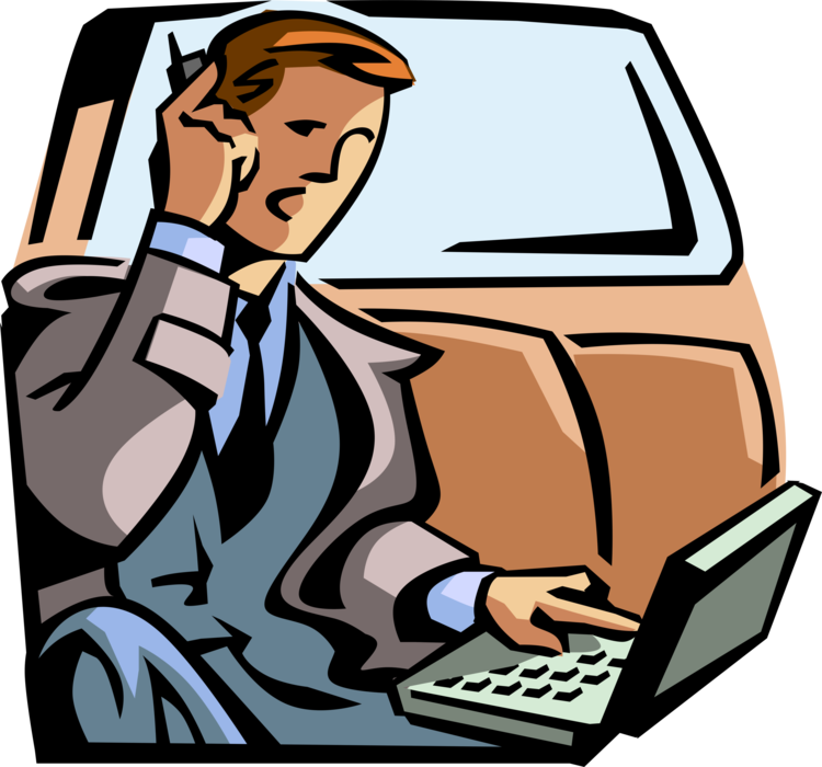 Vector Illustration of Businessman in Conversation on Mobile Cell Phone Checks Online Information on Computer in Car