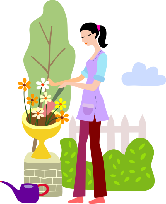 Vector Illustration of Gardener Plants Flowers with Trowel and Watering Can in Backyard Garden