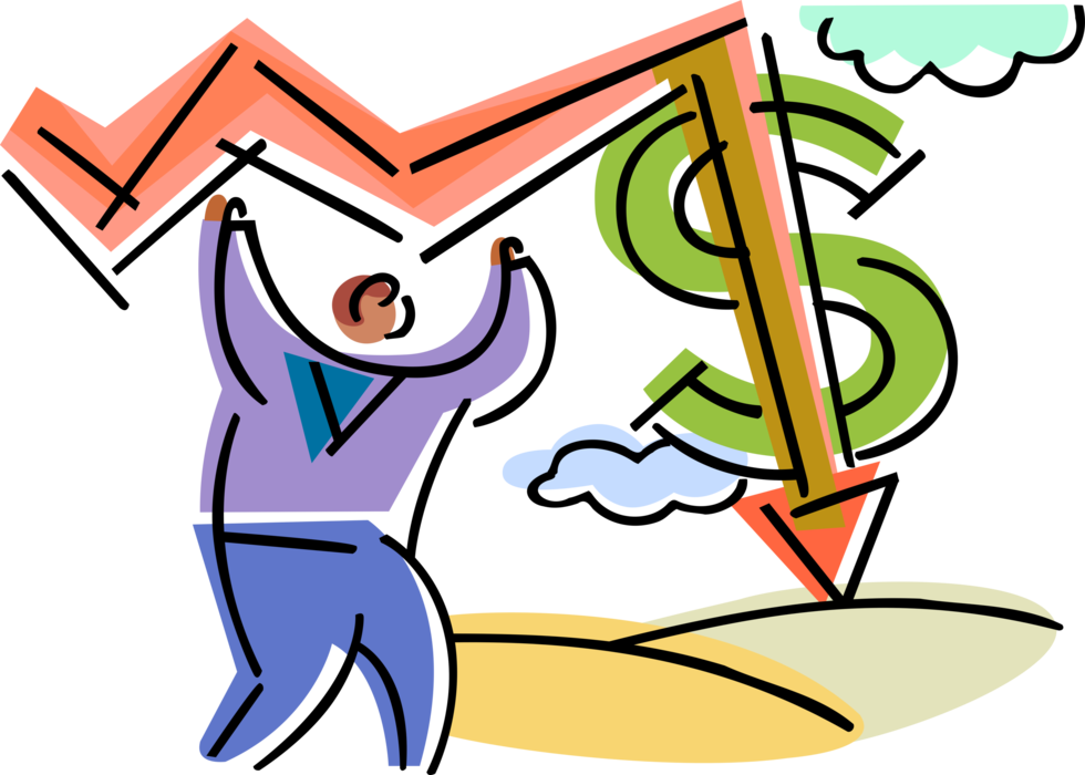 Vector Illustration of Businessman Wrestles Downward Market Trending Business Chart Sales Arrow with Dollar Sign