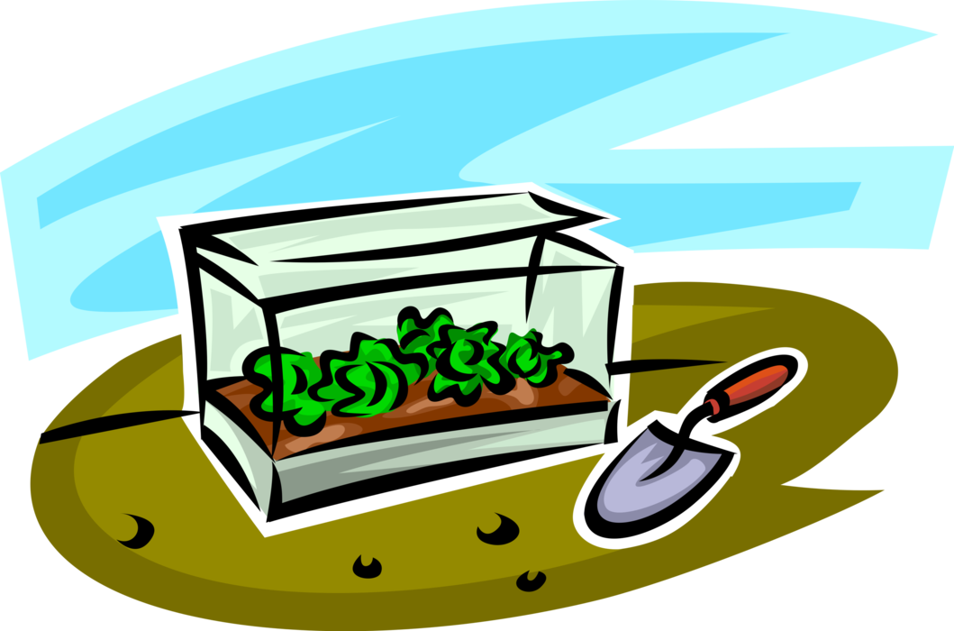 Vector Illustration of Garden Plants Growing in Enclosed Shelter with Trowel Shovel