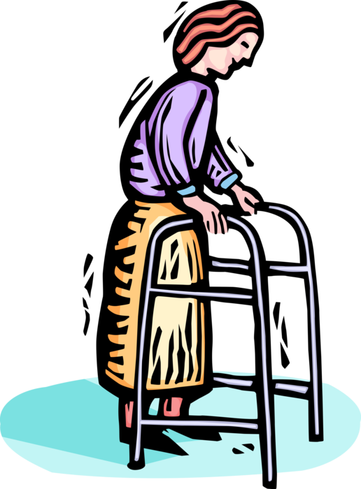 Vector Illustration of Old Woman with Walker or Walking Frame for Elderly People Needing Balance or Stability