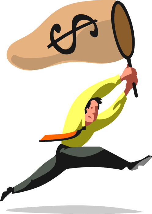 Vector Illustration of Businessman Chases Corporate Cash Money Dollar Profits with Butterfly Net