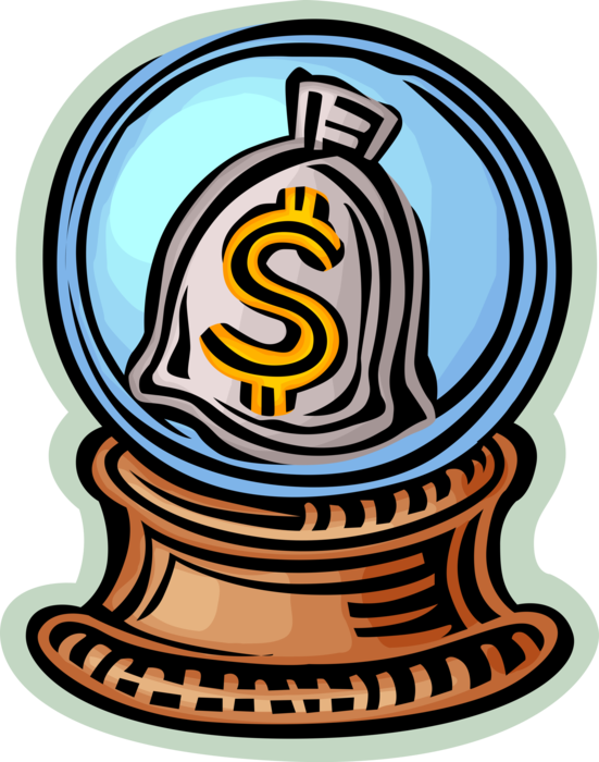 Vector Illustration of Fortune Teller Sorcerer's Crystal Ball Foretells or Predicts Great Wealth with Cash Money Bag