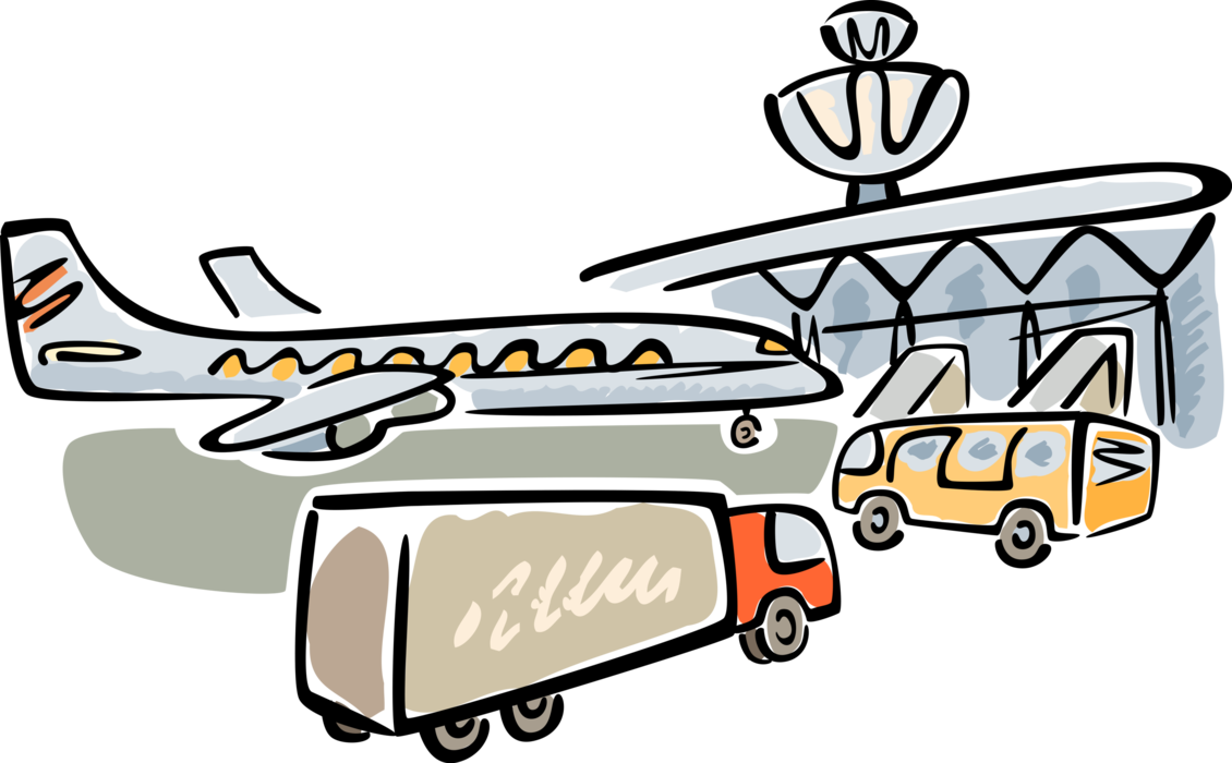 Vector Illustration of Commercial Jet Airplane on Runway Tarmac at Airport Terminal with Service Vehicles