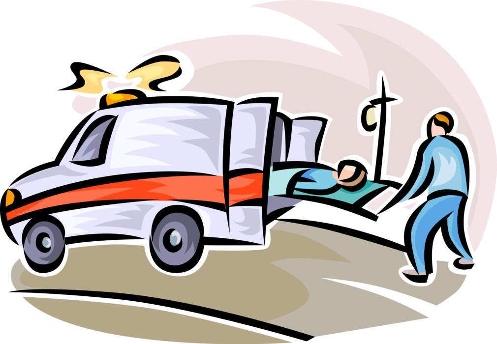 Vector Illustration of Accident Victim Loaded Into Emergency Medical Service Ambulance by Paramedic