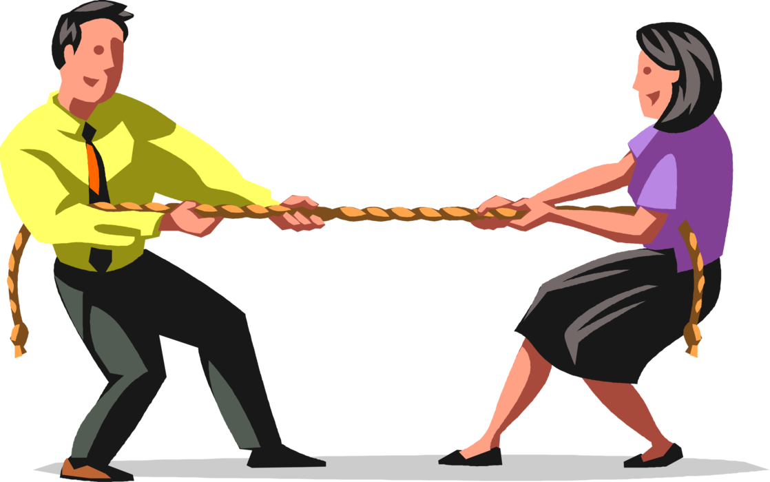 Vector Illustration of Business Colleague Competitors in Unequal Unbalanced Tug of War Tug o' War Competition with Rope
