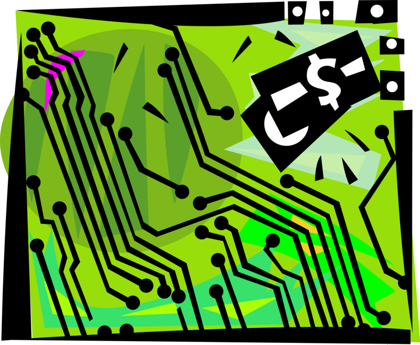 Vector Illustration of Computer Printed Circuit Board Electrically Connects Electronic Components