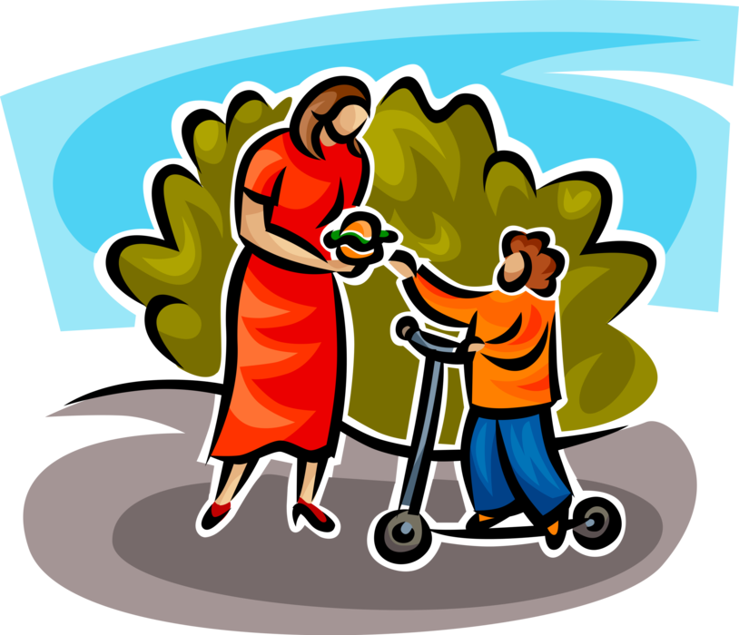 Vector Illustration of Mother with Lunch Sandwich for Child on Foot-Powered Scooter