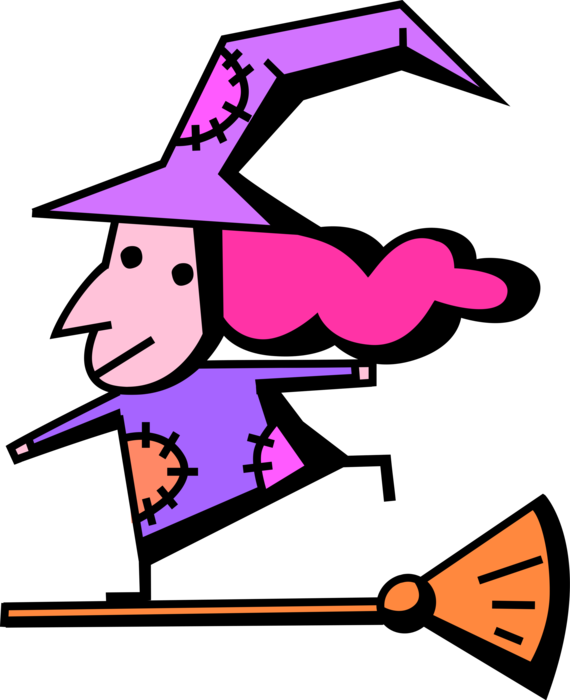 Vector Illustration of Halloween Sorceress Witch Flies with Broomstick Broom