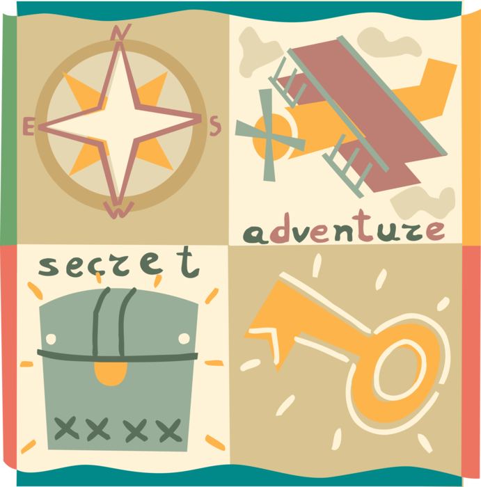 Vector Illustration of Secret Pirate's Treasure Chest Holds Wealth and Great Riches with Navigation Compass and Key