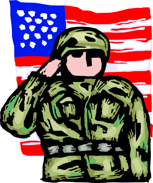 Vector Illustration of United States Military Army Soldier Salutes with American Flag During National Anthem