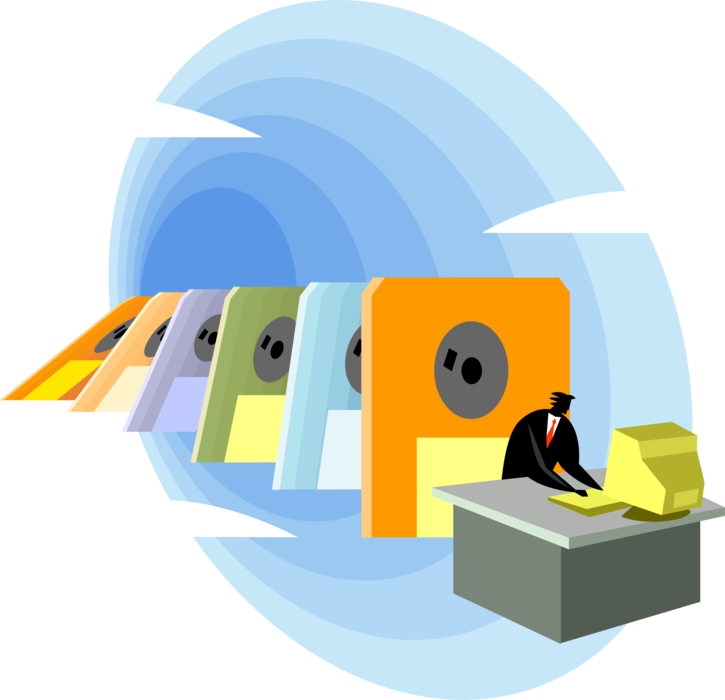 Vector Illustration of Businessman with Information Technology Digital Storage Media Diskette Dominos or Dominoes