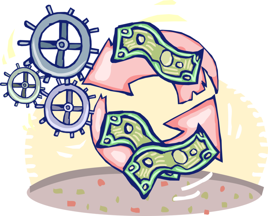 Vector Illustration of Financial Cogwheel Gear Mechanism Generates Money Profit Growth