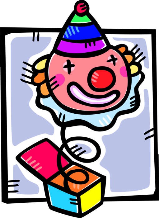 Vector Illustration of Jack-in-the-Box Clown Children's Toy Plays Melody and Pops Open