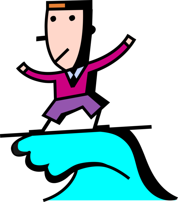 Vector Illustration of Businessman Surfer Rides Ocean Wave Surfing on Surfboard