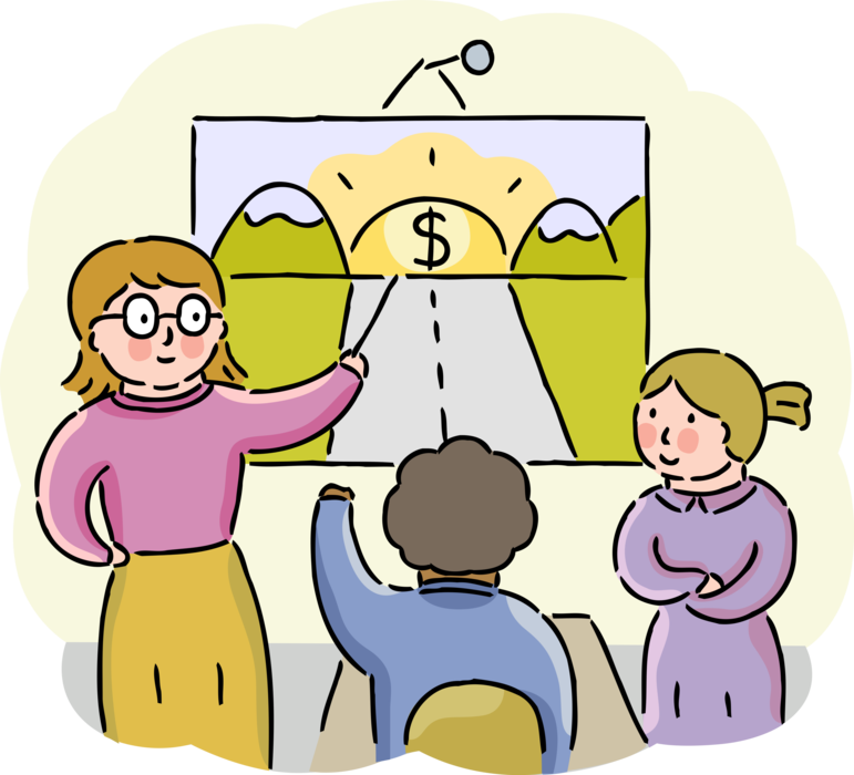 Vector Illustration of Teacher in School Classroom Teaching Academic Students About Wealth and Personal Success