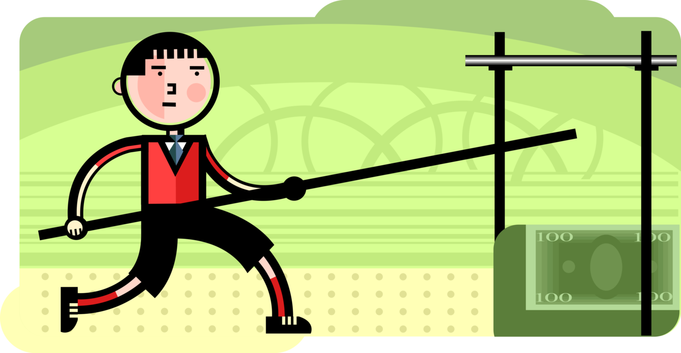 Vector Illustration of Businessman Pole Vaulter in Track and Field Vaulting Financial Competition with Cash Money Dollars