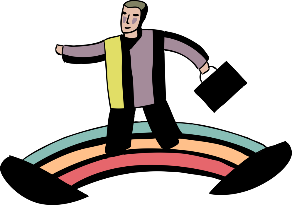 Vector Illustration of Optimistic Businessman Traverses Rainbow of Hope and Optimism