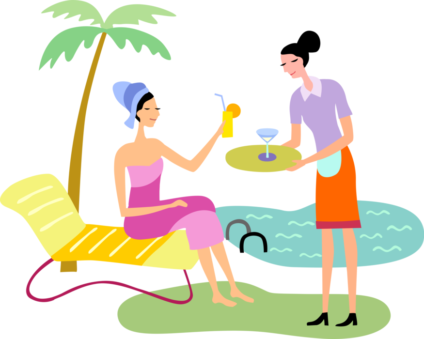Vector Illustration of Holiday Vacation Beach Resort Guest at Poolside with Waitress Serving Cocktail Beverage Drink 