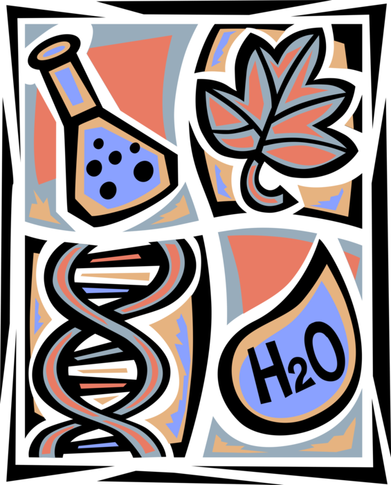 Vector Illustration of Healthy Ecosystem with Leaf, Water Droplet, Double Helix DNA Deoxyribonucleic Acid Molecule