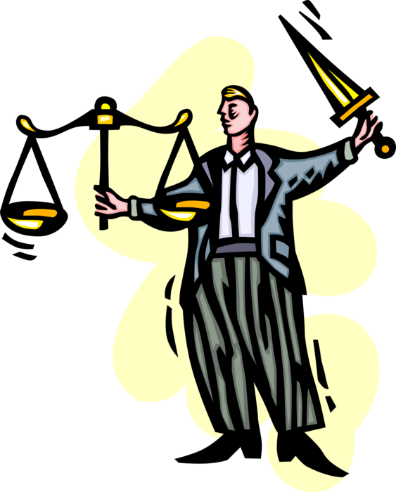 Vector Illustration of Businessman Lawyer Defender with Sword and Scales of Justice