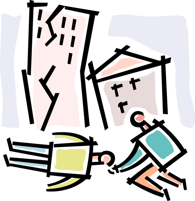 Vector Illustration of Damaged Buildings with Earthquake Disaster Victim Receiving Emergency Assistance