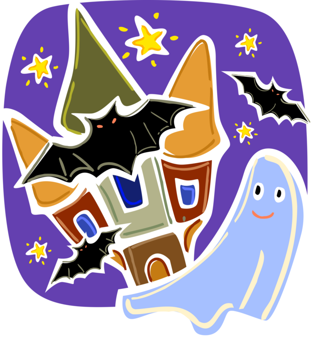 Vector Illustration of Halloween Goblin Ghost Phantom, Apparition, Spirit, Spook with Bats and Haunted House