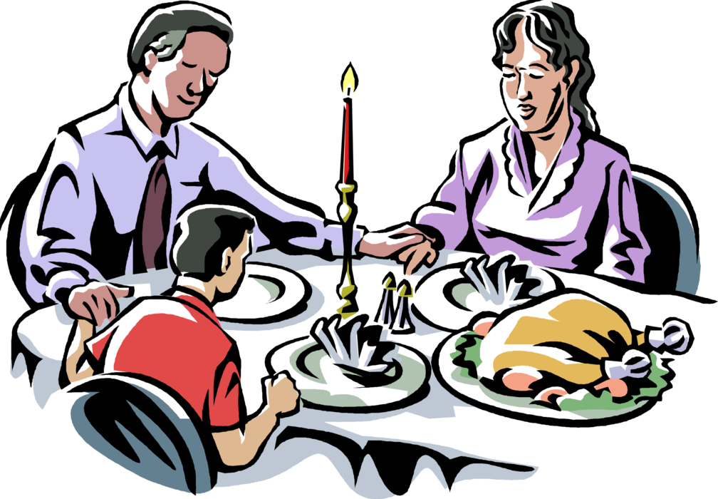 Vector Illustration of Family Says Grace Prayer of Thanks Before Meal at Dinner Table