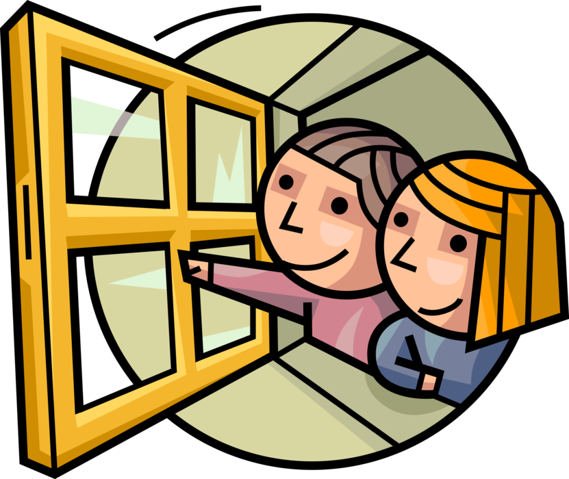 Vector Illustration of Motivated Children Open Window to Explore Outside World