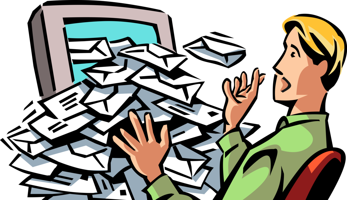 Vector Illustration of Overwhelmed Businessman Inundated with Barrage of Email Inbox Correspondence Letters
