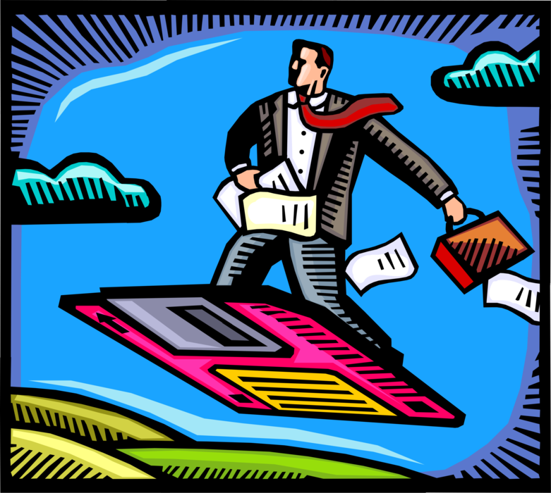 Vector Illustration of Businessman Rides Wave of Technology on Flying Digital Media Disk