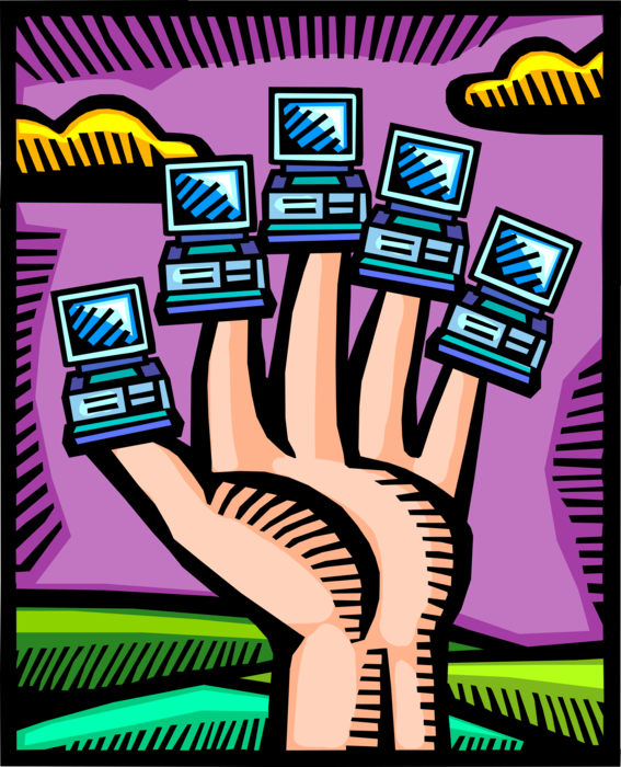 Vector Illustration of Hand with Computer Technology Tools of Increased Productivity and Efficiency